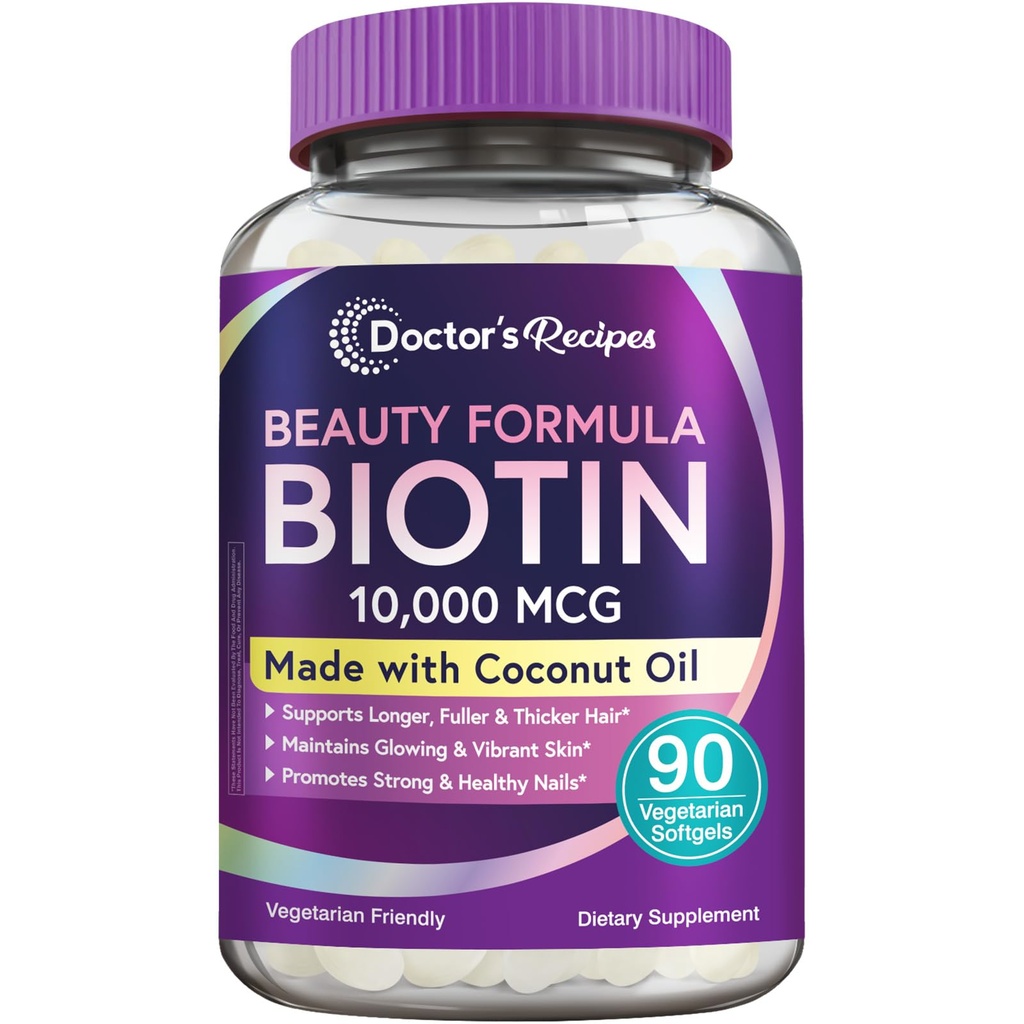 Recepten van de arts Biotine 10.000 mcg, Haargroei, Gezonde huid & Nails, Energie Metabolisme, Vegetarisch-Vriendelijke Biotine, met Kokosolie, Non-GMO, 3 maanden levering, 90 Vegetarische Softgels