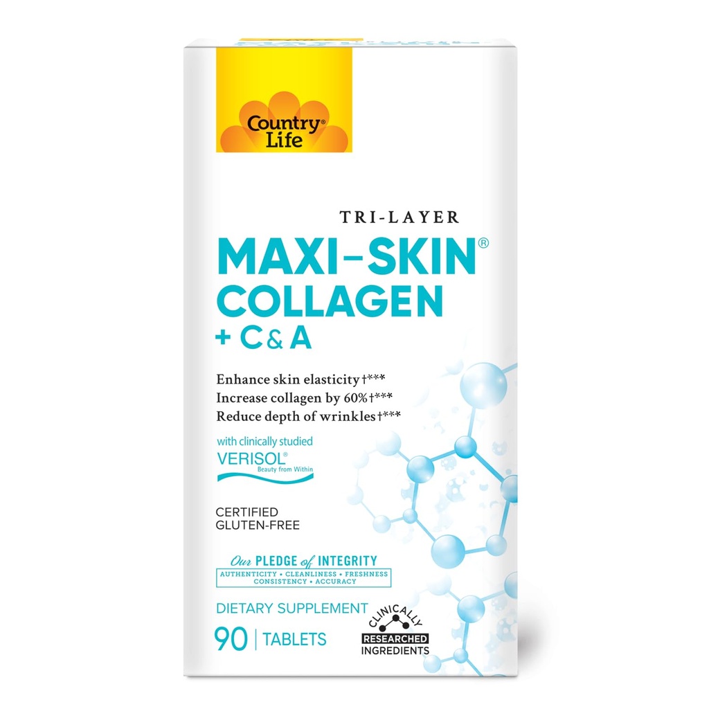 Country Life Verisol Collagen Peptides Tablets - Reduce Diepte van W[KB2] rinkles & Enhance Skin Elasticity-90 Tablets-Includes Vitamine A&C - Collageen Powder for Women & Men - Boost Skin Collageen met 60%