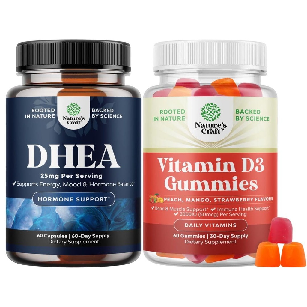 Bundel van DHEA Supplement voor Hormone Balance, Mood Stability, Hersenfunctie - Dehydroepiandrosteron en Vitamine D3 Gummies voor dagelijkse wellness met 2000IE per Serving Bone Muscle & Immune Ondersteuning