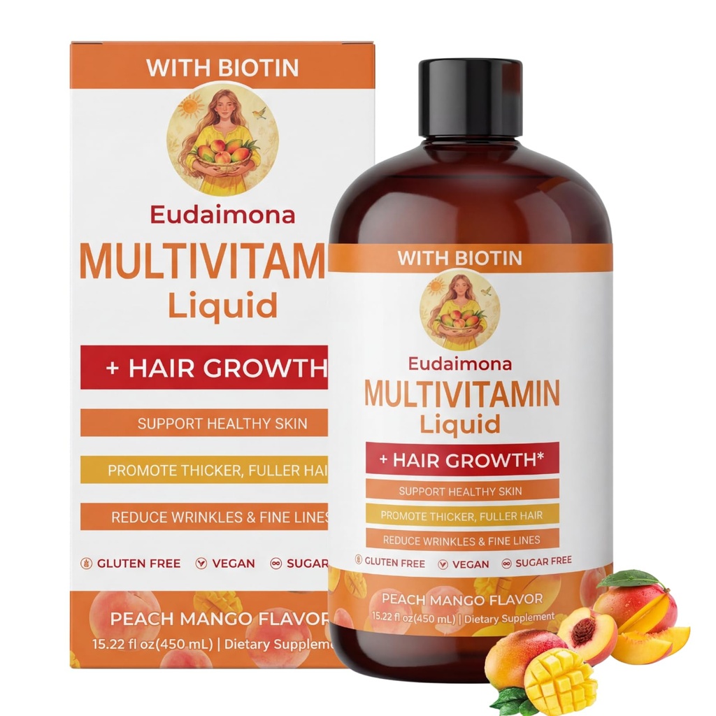 Liquid Multivitamin + Hair Growth | Biotin 10000mcg | Support Healthy Skin,Promote Thicker,Fuller Hair,Reduce Wrinkles & Fine Lines | uitable for Women & Men, Ages 18+ | 15.22 Fl Oz (Peach Mango)