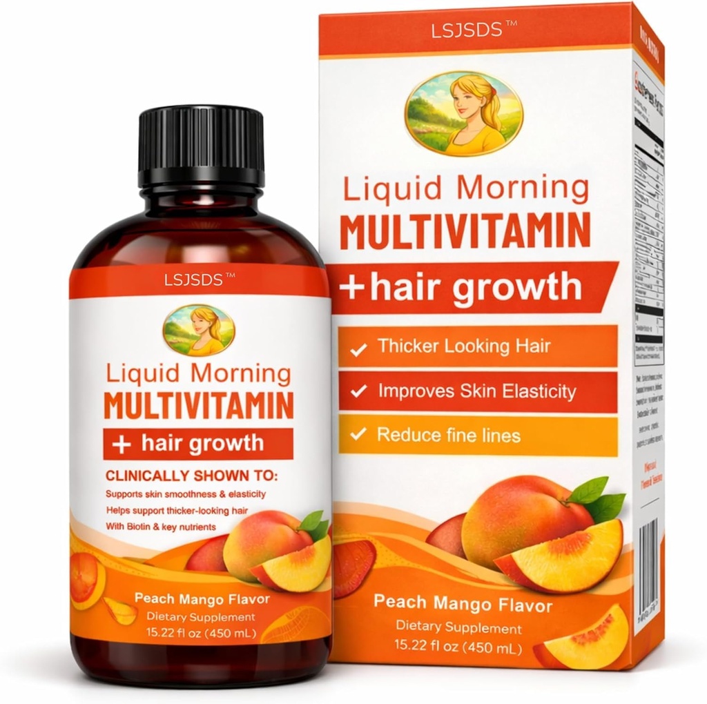 Liquid Multivitamin,Hair Growth,15.22 fl oz / 450ml,Support Healthy Skin,Promote Thicker,Fuller Hair,Reduce Wrinkles & Fine Lines (Peach Mango)