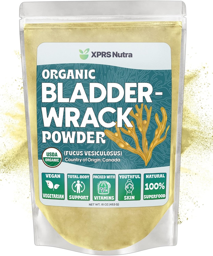 XPRS Nutra Organic Bladderwrack Powder (Fucus Vesiculosus) - Premium Bladderwrack Organic Powder for Glowing Skin - Vegan Friendly Bladderwrack Herb Jodium Supplement (16 Ounce)
