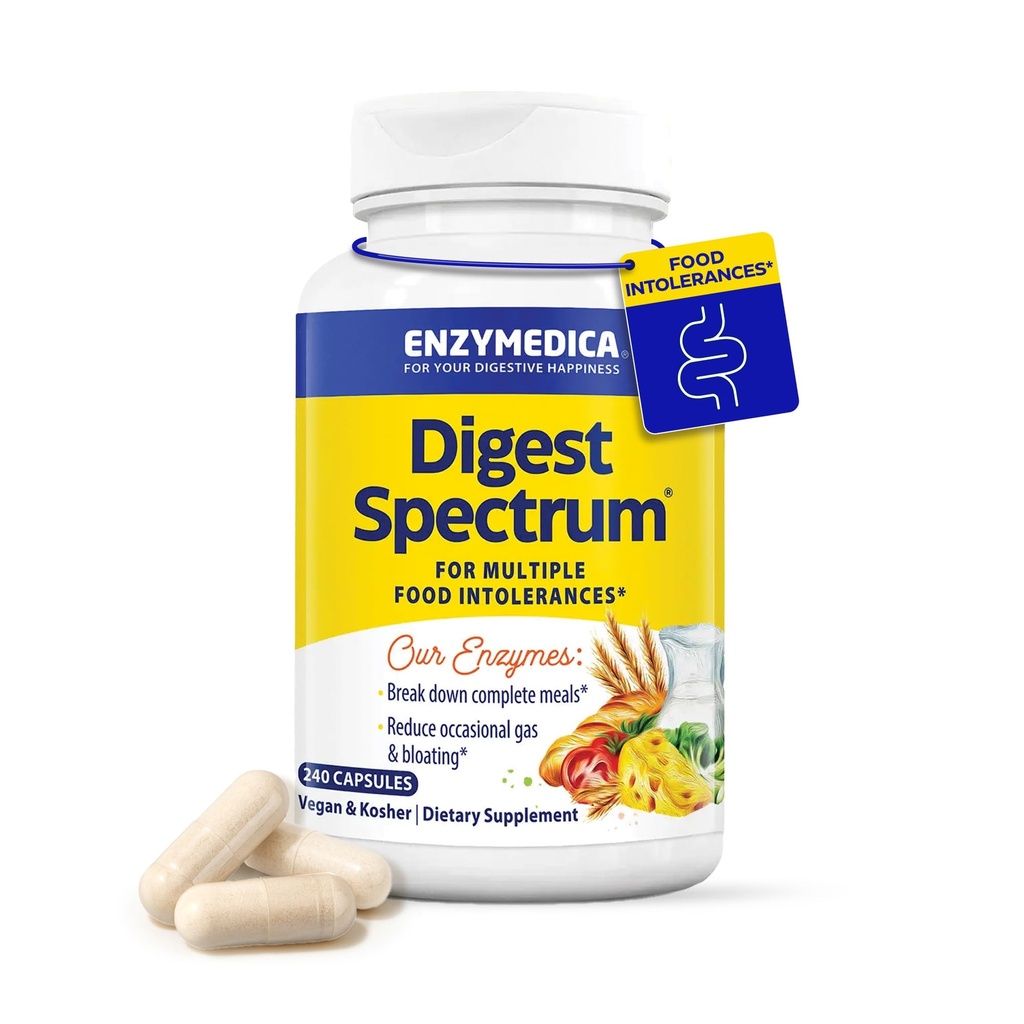 Enzymedica Digest Spectrum, geavanceerde digestieve enzymen voor vrouwen en mannen, Ondersteunt spijsvertering en Meerdere Food Intolerances, Snelwerkende Formule voor Gas en Bloating Relief, 240 Capsules