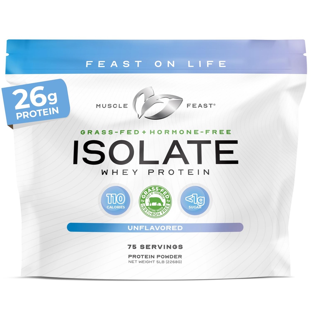 Muscle Feast Grass-Fed Wei Proteïne Isolaat, Alle Natuurlijke Hormone Vrije Pastuur Verhoogd, Wei Isolaat Proteïne Poeder voor Mannen en Vrouwen, Schoon, Niet-GMO & Glutenvrije, Isolaat Proteïne - Unflavored, 5lb