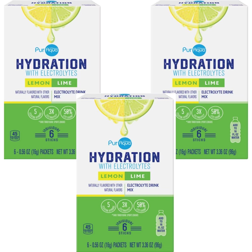 Fruit Flavored Hydration with Electrolyte Drink Mix, 6 count per Box (3 BOXES, Lemon-Lime)