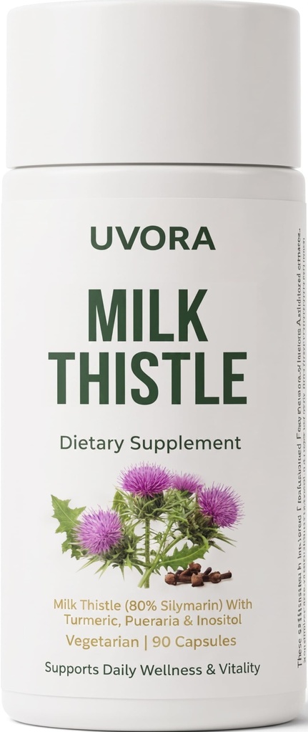 Uvora - Milk Thistle Detox, 300mg Liver Support Supplement, 90 Caps | Milk thistle 300mg, 80% silymarin. Inositol 200mg, vitamin C, turmeric, wormwood, clove, dandelion. 8-ingredient blend.