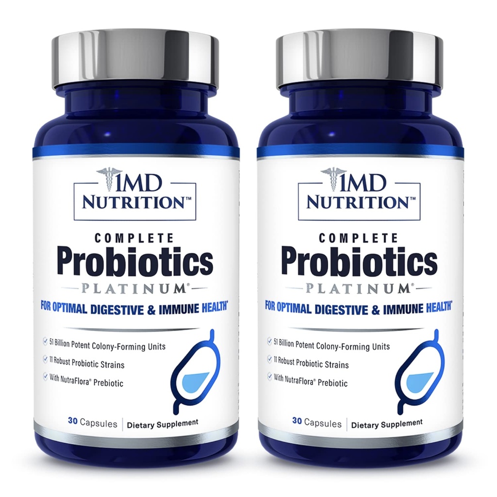 1MD Complete Probiotica Platinum Ondersteunt Digestieve Gezondheid met voedende Prebiotica, 51 Miljard Live CFU, 11 Strains, Dairy-Free 30 Planted Capsules (2-pack)