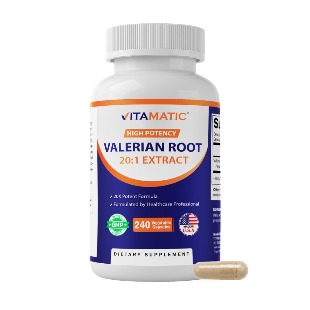 Vitamatic Valerian Root Extract 20:1 – Concentrated Botanical Extract Capsules – Non-GMO, Gluten Free – 240 Capsules