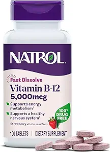 Natrol Vitamin B12 Fast Dissolve Tablets, Promotes Energy, Supports a Healthy Nervous System, Maximum Strength, Strawberry Flavor, 5,000mcg, 100 Count (Pack of 2)