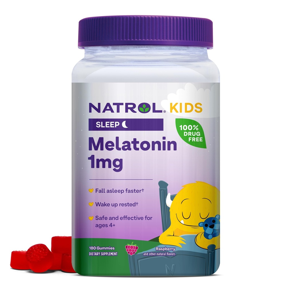 Natrol Kids Melatonine 1 mg, Dieetsupplement voor rustgevende slaap, Melatonine Gummies voor kinderen, 180 Raspberry-gearomatiseerde gummies, Tot 180 dagen levering
