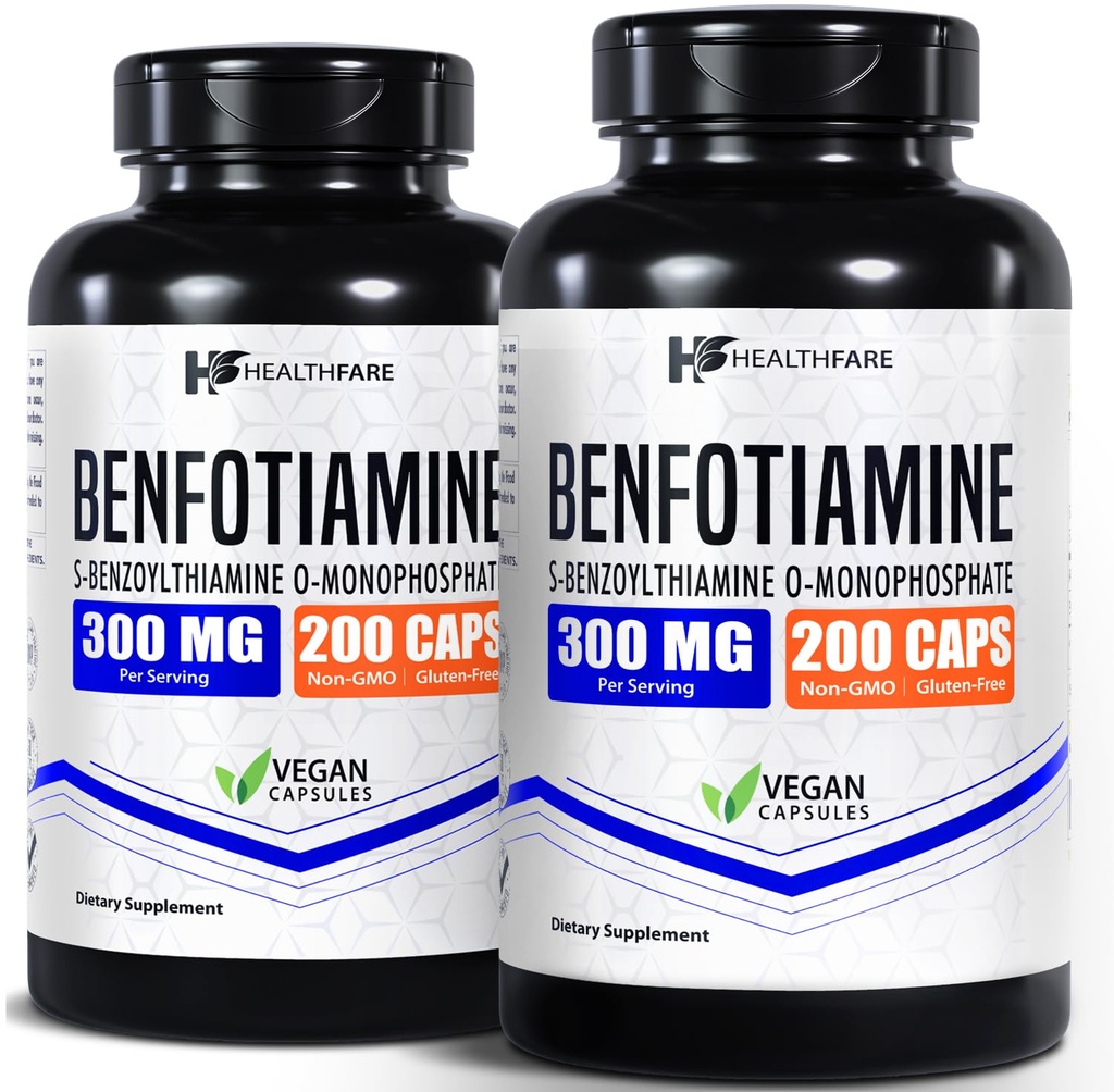 Healthfare Benfotiamine 300mg | 200 Capsules | Fat Soluble Thiamine Vitamin B1 | Supports Overall Health | Non-GMO | Gluten Free (2-Pack)