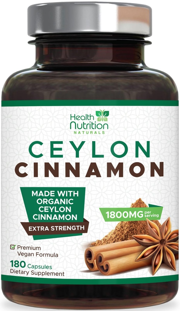 Ceylon Cinnamon Capsules 1800mg - Certified Organic Ceylon Cinnamon Powder Supplement, Bottled in USA, Extra Strength Energy & Heart Support Pillen, Non-GMO & Glutenvrij, Suikervrij - 180 Capsules