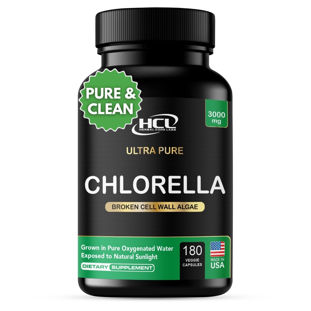 Chlorella Capsules 3000 mg - Gebarsten Cell Wall Blue Green Algen Supplement - Best Natural Detox Cleanse - Plant Vitamins Minerals Chlorofyl Vegan Protein Powder Pills - Made in USA
