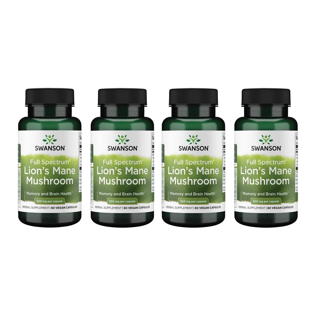 Swanson Full Spectrum Lion's Mane Mushroom - Brain Health Supplement to Support Memory, Focus & Clarity* - May also Aid Immune, Heart & Digestive Health - Gluten-Free & Non-GMO - 60 Capsules (4 Pack)
