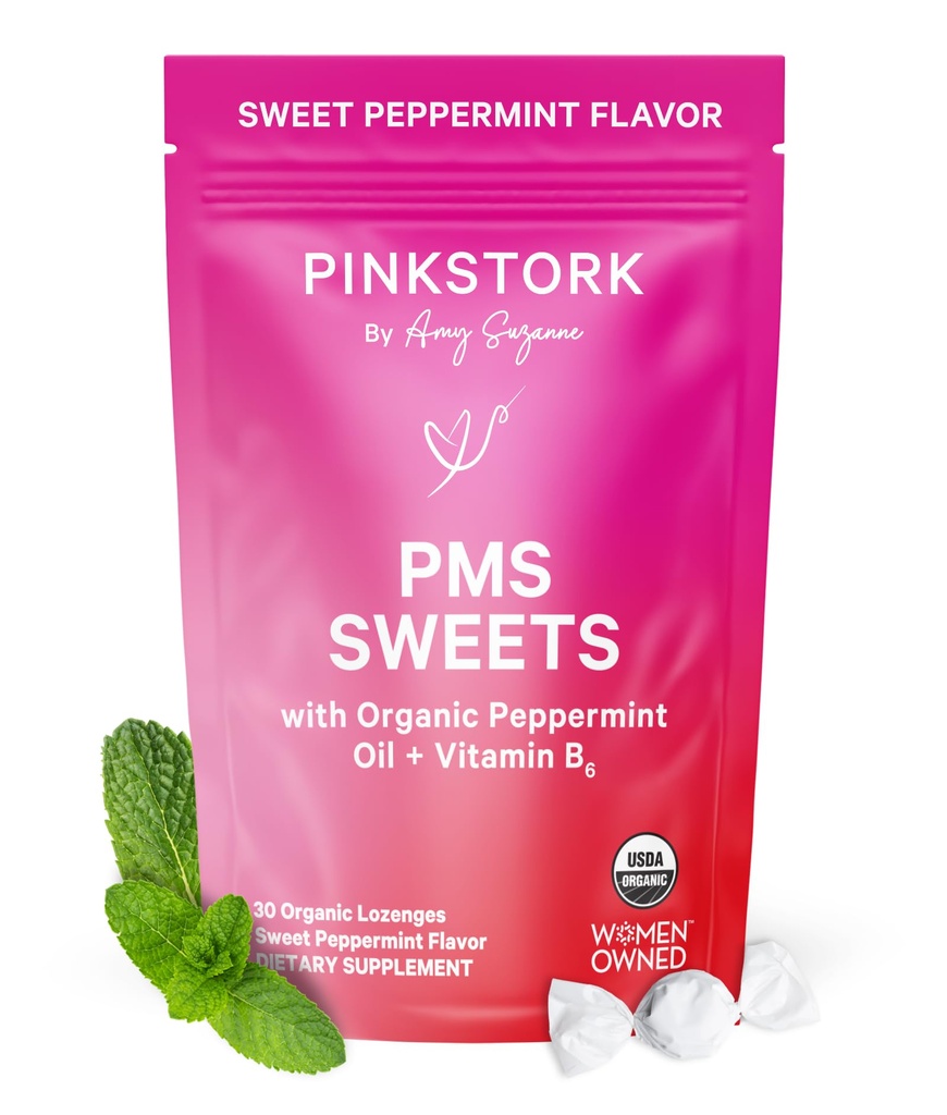 Roze Ooievaars Biologische PMS Ondersteuning Zoeten voor tieners en vrouwen - Eenvoudige en natuurlijke ingrediënten Vitamine B6 en pepermunt - Periode, spijsvertering, opgeblazen, Mood Swings - 30 druppels