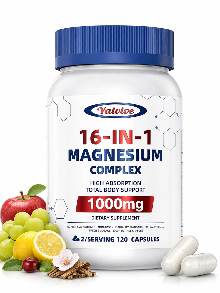 1000mg Magnesium Complex for Women & Men, 16 in 1 High Absorption | Glycinate, Citrate, Malate, Taurate | Sleep, Nerve, Heart, Bone, Muscle & Energy | Non-GMO, Gluten-Free, 120 Capsules