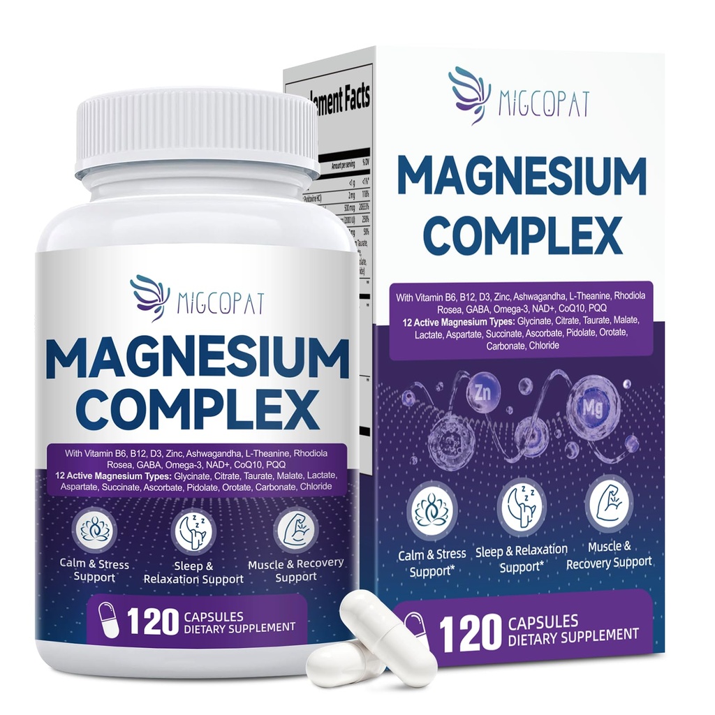 Migcopat Magnesium Complex w/Magnesium Glycinate, Malate, Citrate | 24-in-1 Magnesium Supplement w/Ashwagandha, L-Theanine & NAD+ | Supports Calm, Energy, Muscle & Sleep | Non-GMO, 120 Vegan Caps