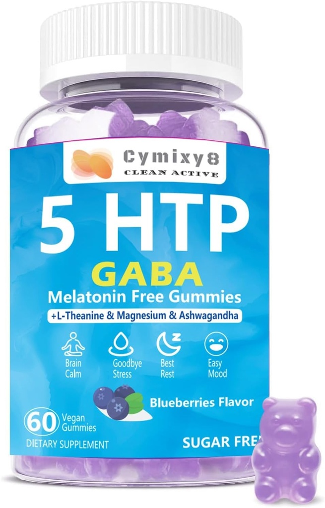 5-HTP GABA Gummies Blend 1700mg, Sugar-Free Calm Gummies met L Theanine, Magnesium, Ashwagandha, Omega-3-6-9, Vitamine D3,B6 voor Natural Zzzs, Mood, Brain-Calm, Blueberry Flavor 60Count