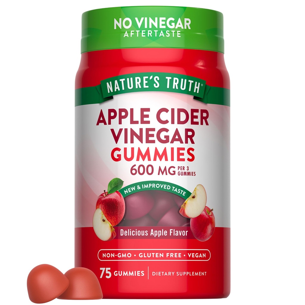Nature's Truth Apple Cider Vinegar Gummies de 600 mg de cidre de pomme 75 Gummies de pomme Saveur de pomme, végétalien, sans OGM, supplément sans gluten