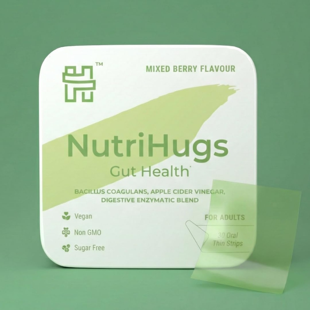 NutriHugs Gut Health Probiotic Oral Strips - Bacillus Coagulans, Apple Cider Vinegar, Digestive Enzymes | Vegan, Sugar-Free, Non-GMO | Doctor-Formulated | 30 Dissolving Strips