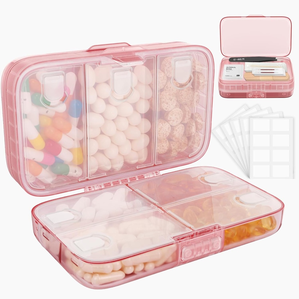 FYY Weekly Pill Organizer with labels,8 Compartiments Voyage quotidien Cas de pilule étanche à l'humidité Grande boîte à pilule pour tenir les vitamines, huile de poisson, suppléments, swab de coton et pansements-puits