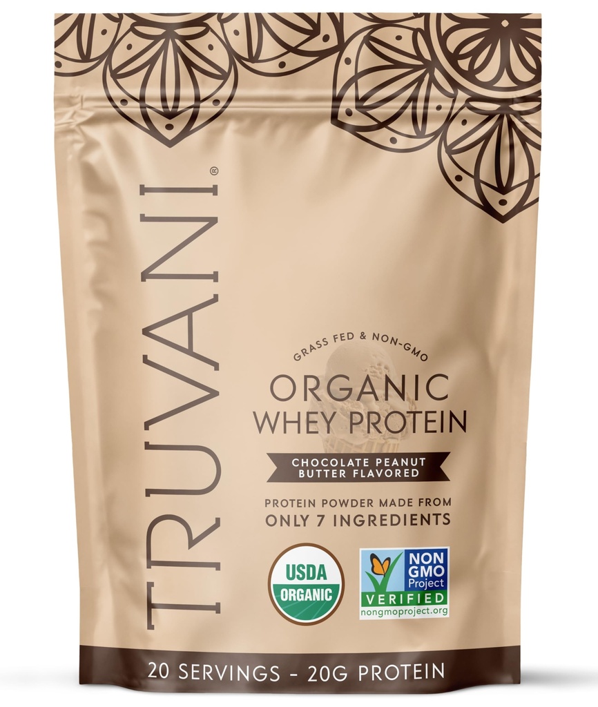 Truvani Organic Whey Protein Powder | Chocolate Peanut Butter | 20g Grass Fed Whey Protein | 20 Servings | USDA Organic & Non-GMO | Gluten Free | No Gums, No Soy, No Stevia, No Added Sugars