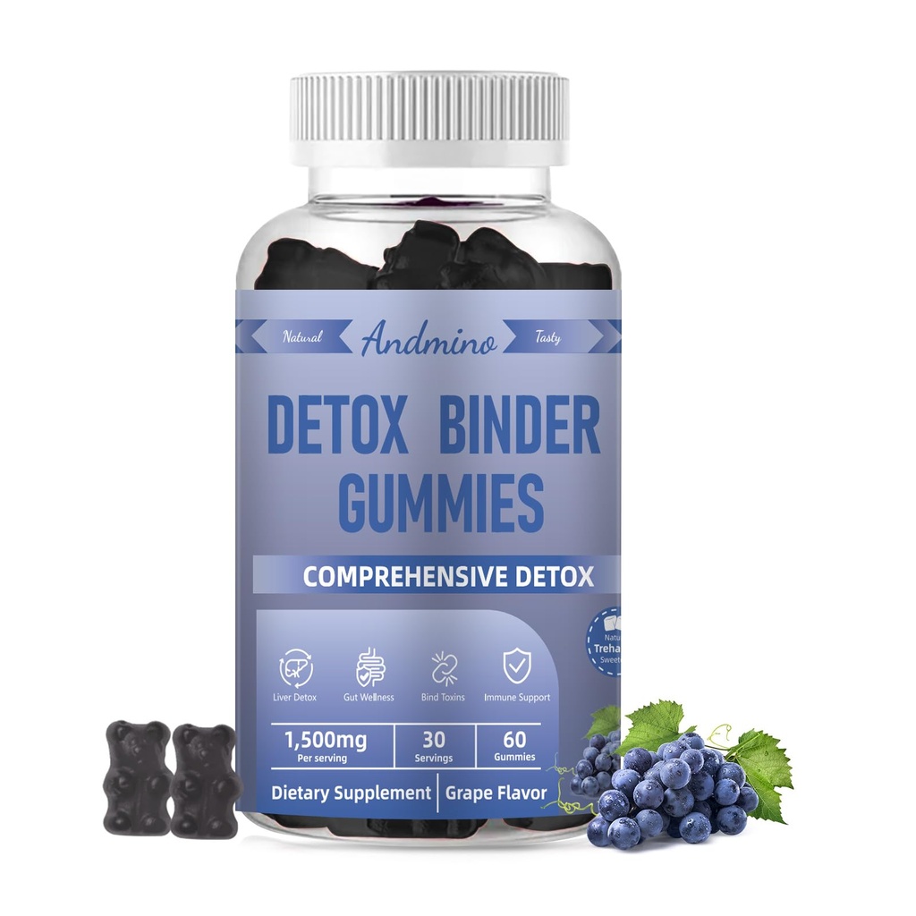 13-in-1 Detox Binder Gummies 1500mg | Activated Charcoal+Zeolite+Milk Thistle | Liver & Gut Detox Support | Non-GMO, Vegan, Gluten-Free, Grape Flavor, 60