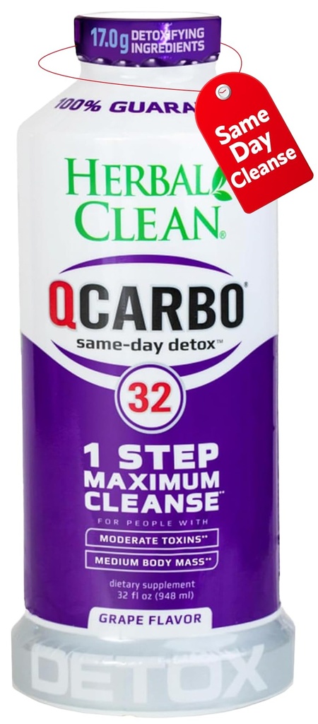 Herbal Clean Qcarbo32 Same Day Detox Cleanse Drink (32 fl oz) - Grape Flavor Full Body Cleanse* Detox Drink for high Toxin Level*, Vitamin B2 and Vitamin B12 for Men & Women