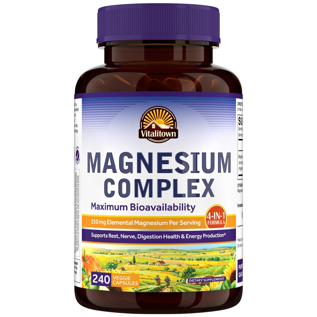 Vitalitown Magnesium Complex | Chelated Easily Absorbed Magnesium Glycinate Citrate Malate | Buffered | 210mg Elemental Mag | Sleep, Nerve, Digestion, Energy | Non-GMO 240 Veg Caps