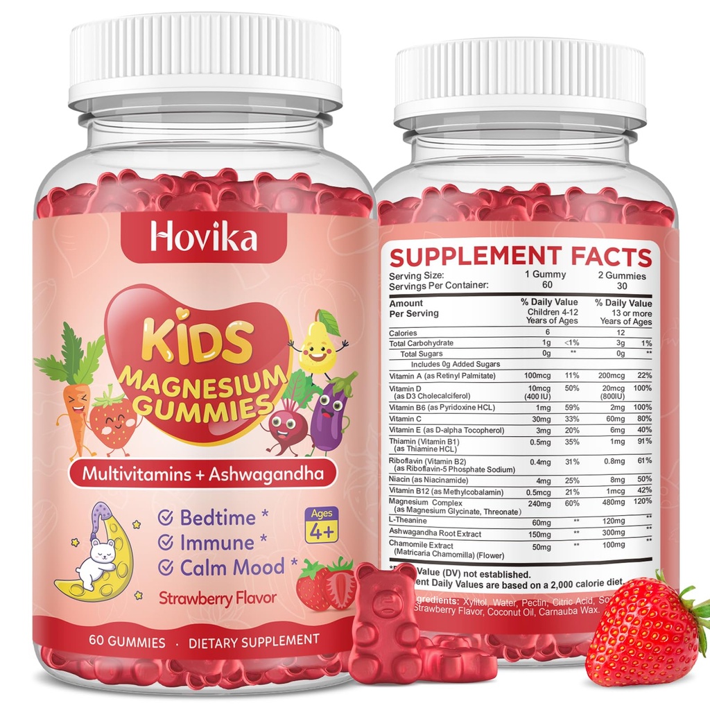 2 Pack Magnesium Gummies for Kids - Magnesium Supplement with L-Theanine, Chamomile & Multivitamins for Kids & Adults Sleep, Calm, Relaxation, Sugar Free Strawberry Flavor 60 Gummies