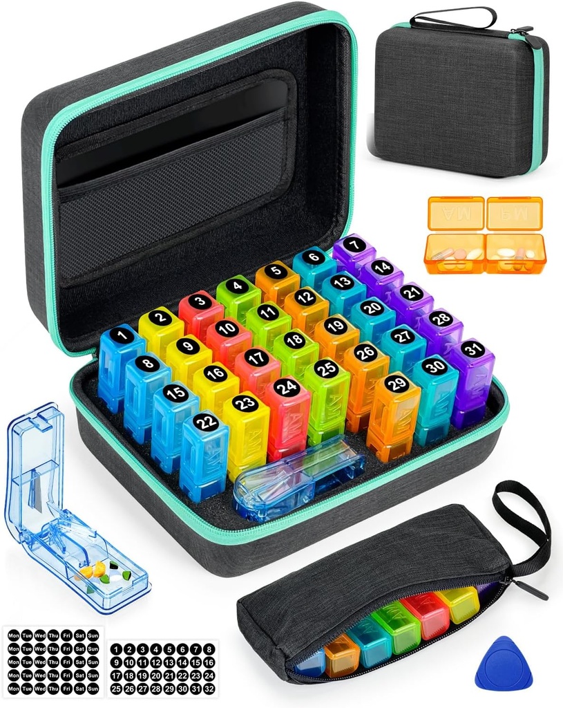 Organisateur mensuel de pilules 2 fois par jour, avec sac à pilules hebdomadaire, coque dure portable, cutter à pilules, pic d'ouverture en plastique, Stickers mensuels et hebdomadaires, Gestion et suivi pratiques des médicaments