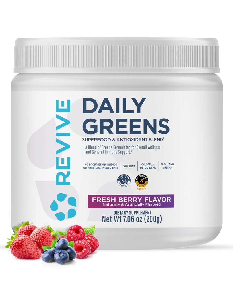 REVIVE MD Daily Green Powder Superfood (Fresh Berry) - Supergreens Poeder ter ondersteuning van energieniveaus - Groene sap dat de inname van vezels verbetert - Plantaardige ondersteunt spijsvertering en Gut Health