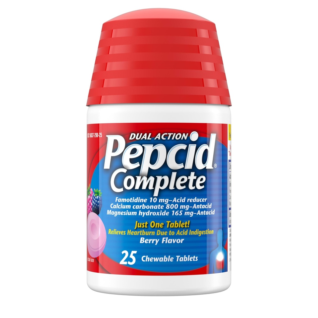 Pepcid Complete Acid Reducer + Antacida voor Acid Reflux, 10mg Famotidine, 800mg Calcium Carbonaat & 165mg Magnesiumhydroxide per Heartburn Medicine Tablet, Antacida Kauwgom, Berry, 25 st.