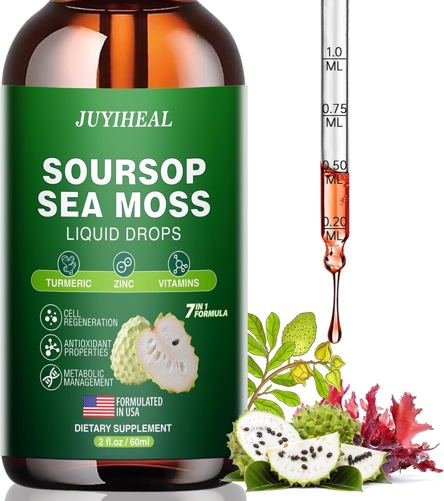 7-in-1 Soursop Graviola met Zee Moss Liquid Drops, Soursop Bitters Liquid Rich in Multivitamine voor Digestief Antioxidant, Immune Boost, Cell Support & Regeneration, 2 Fl Oz