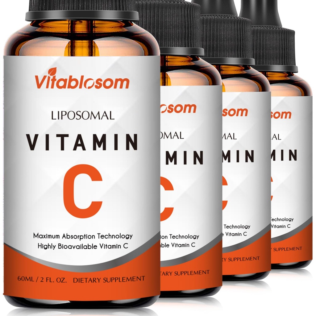 Vitamine liposomique C 2000mg Liquide pour adultes, haute absorption VIT C, Maximiser la vitamine C, pour système immunitaire et antioxydant, 60ML (4 bouteilles)