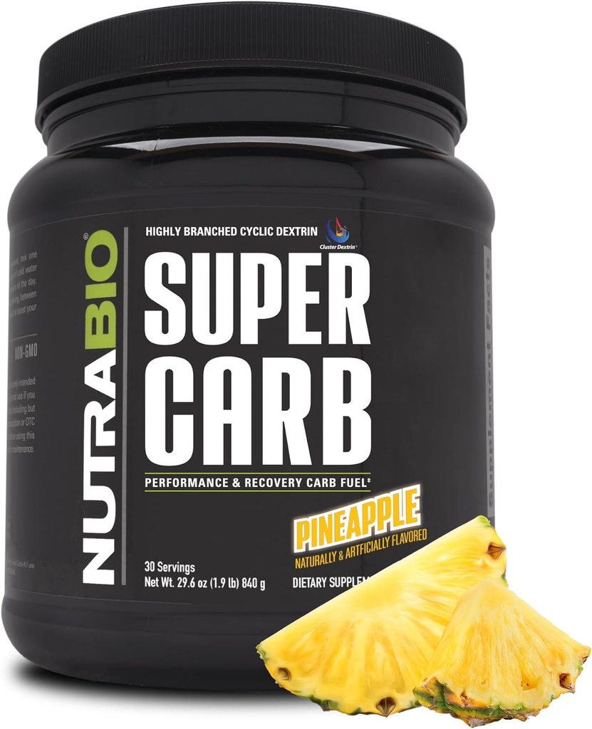 NutraBio Super Carb, Carbohydraat Poeder met Cluster Dextrine & Elektrolyten, Advanced Carb Supplement Powder for Workout Fuel, Performance, and Muscle Recovery, Clostrin, Ananas, 30 Sv