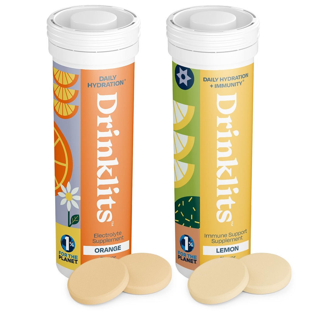 Drinklits Orange Electrolyte Hydration & Lemon Immunity Tablets (2) Tube Combo Pack | Great Taste – Gluten Free – Daily Use | 20 Servings (10 Tablets Per Tube)