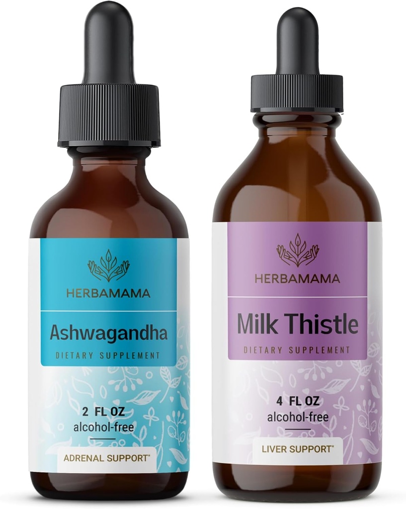 HERBAMAMA Herbal Liquid Drops Kit - Bundle of Ashwagandha Root Tinctuur 2 fl oz & Milk Thistle Extract 4 fl oz - Vegan, Non-GMO, Sugar & Alcohol-Free - 2 Pack