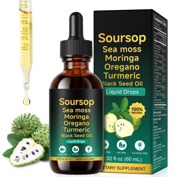 Soursop Bitters Liquid Drops 10 in 1 with Sea Moss, Moringa, Turmeric, Black Seed Oil, Oregano, Ashwagandha | Herbal Extracts for Overall Health-Enhancing | Vegan, Non-GMO | 2 Fl Oz
