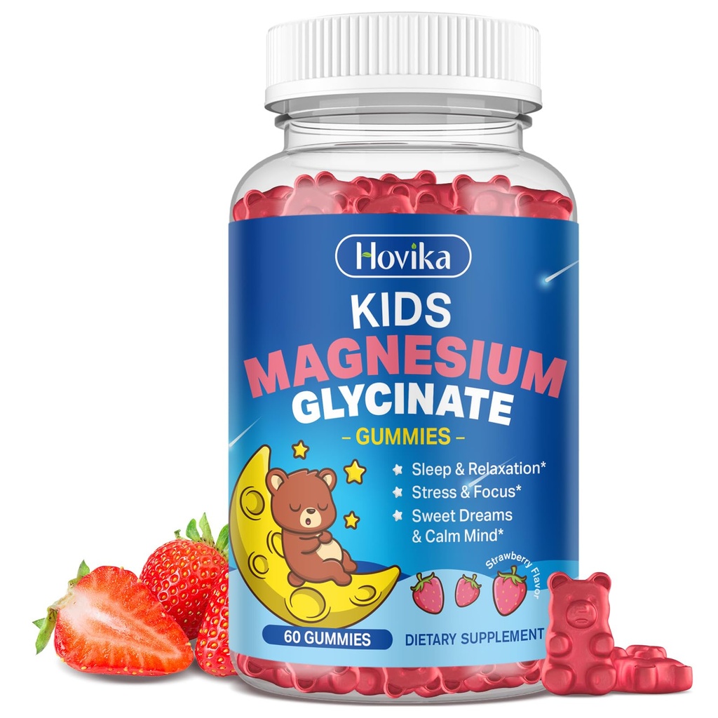 Magnesium Glycinate Gummies for Kids - with L-Theanine, Omega-3, Vitamin B6, D3, Zinc - Kids Magnesium Gummies for Sleep, Relaxation, Calm & Focus - Sugar Free Strawberry 60ct