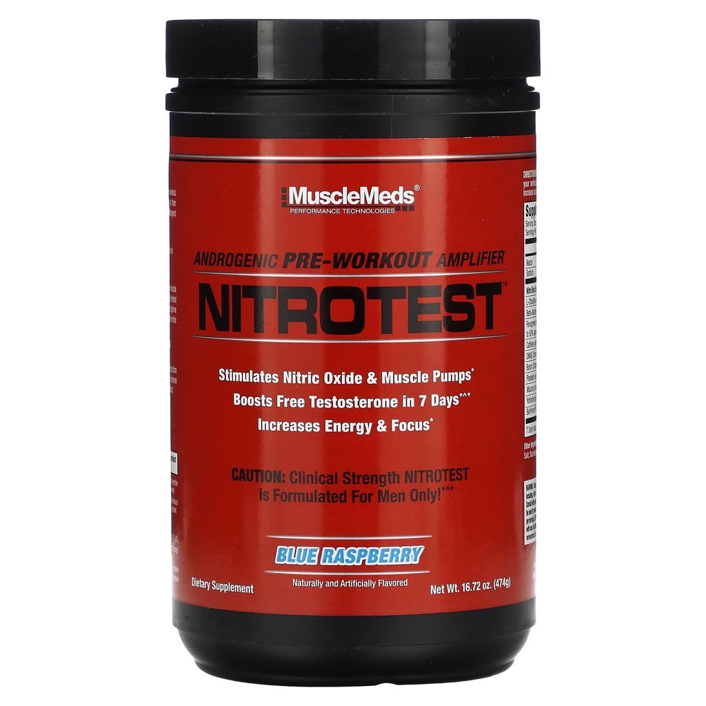 MuscleMeds Nitrotest Pre-Workout Supplement Drink, Boost Nitric Oxide, Testosteron, Blue Raspberry, 30 Serving, 1,04 Pond, 1 Telling