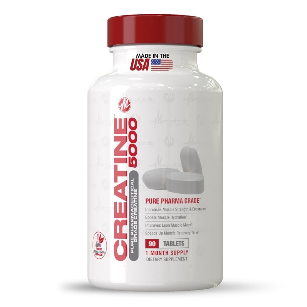 Metabolic Nutrition Creatine Monohydrate Tablets 5000mg - High Potency Creatine Pills for Muscle Growth & Strength – Pre Post Workout Energy Supplement for Women & Men, Non-GMO, Vegan 90 Tablets