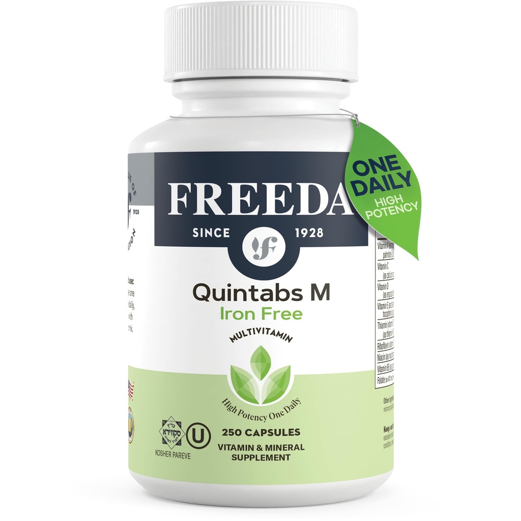 FREEDA One Daily Multivitamin Without Iron – Kosher Adult Multivitamin Supplements for Women & Men’s Health with Biotin, Vitamin B12, B1, B2, B5, Folic Acid, Niacinamide – Gluten Free (250 Capsules)
