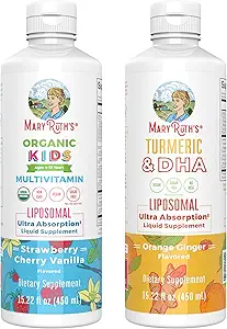MaryRuth Organics Kids Multivitamin (Strawberry Cherry & Vanilla) & Turmeric & DHA Liposomal (Sweet Ginger) | Clean Label Project Verified® | Vitamins for Joint Health & Overall Wellness | Vegan