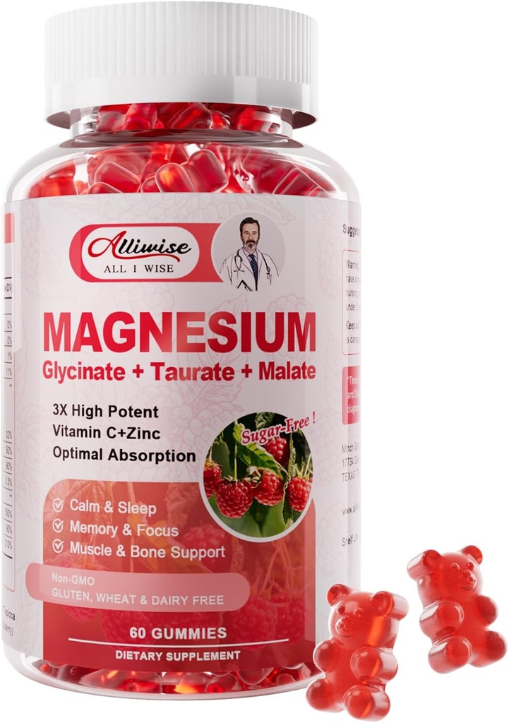 Magnesium Glycinate Gummies, Magnesium Kalium Supplement met Taurate, Malate, Vitaminen D, C, B6, Calcium, Body Ondersteuning, Raspberry Magnesium Gummies voor Volwassenen&Kids