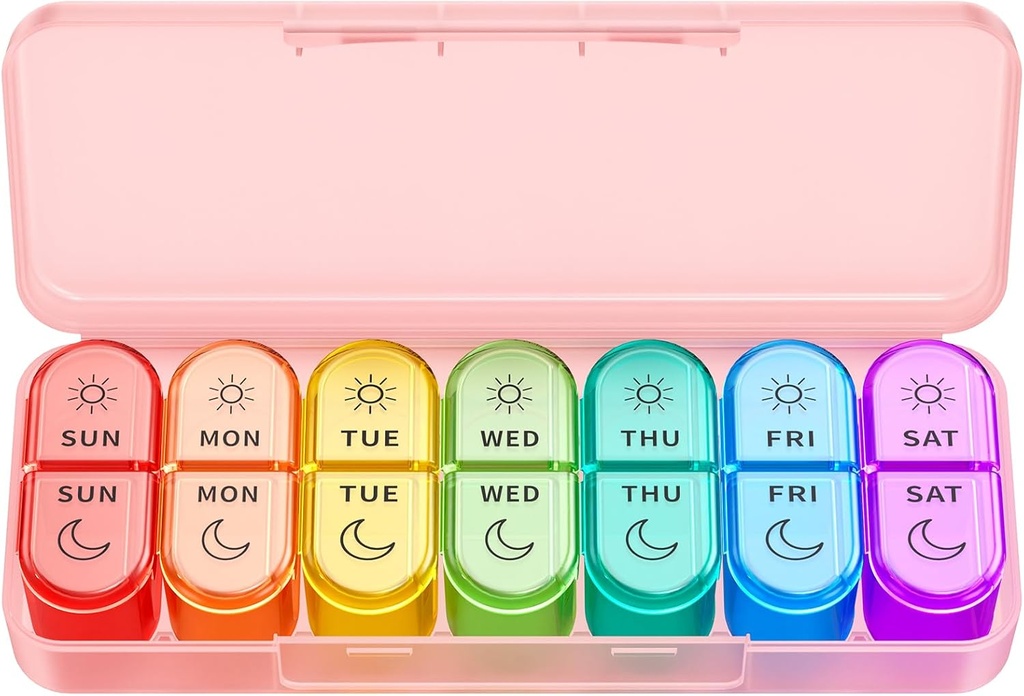 Weekly Pill Organizer 2 Times a Day - AM PM Pill Organizer with 7 Daily Color-Coded Small Cases, Morning and Night Travel Pill Cases for Vitamins, Medicine, & Supplements