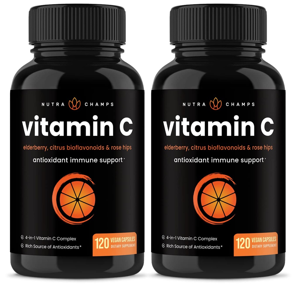 NutraChamps (2 Pack) Vitamine C 1000mg met Vlierbes, Citrus Bioflavonoïden en Rose HIPS - 120 Capsules Veganistisch, Non-GMO Antioxidant Supplement voor Immune Health & Collageen Productie 500mg Poeder Pillen