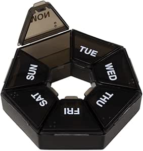 EZY DOSE 7 jours organisateur hebdomadaire de pilules, contenant de médicaments quotidiens et planificateur de vitamines, cas de supplément rond, compact, facile à voyager, trieur d'entreposage portable, cercle à 7 sid, noir, sans BPA