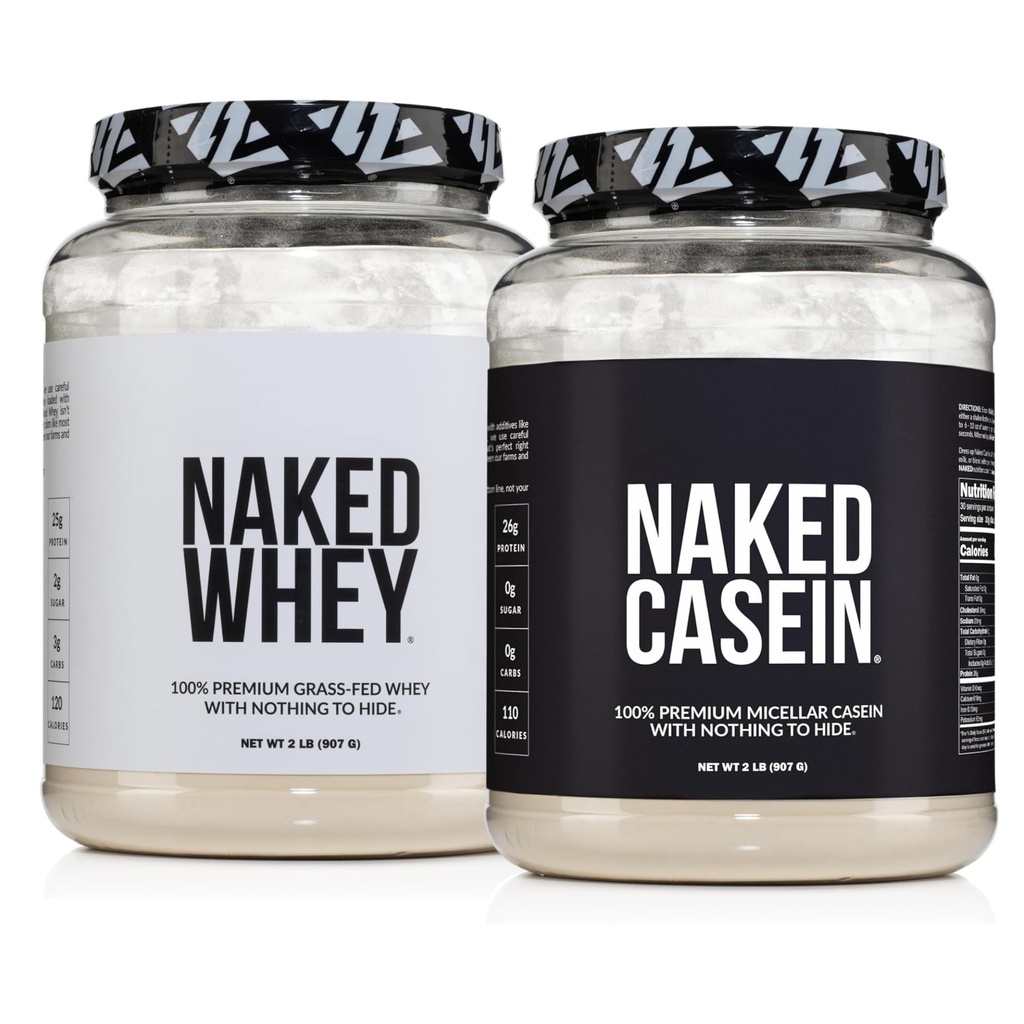 NAKED Whey Protein Powder 2LB (Unflavored) + Casein Protein Powder 2LB (30 Servings) – GMO-Free, Gluten Free, Soy Free, Preservative Free