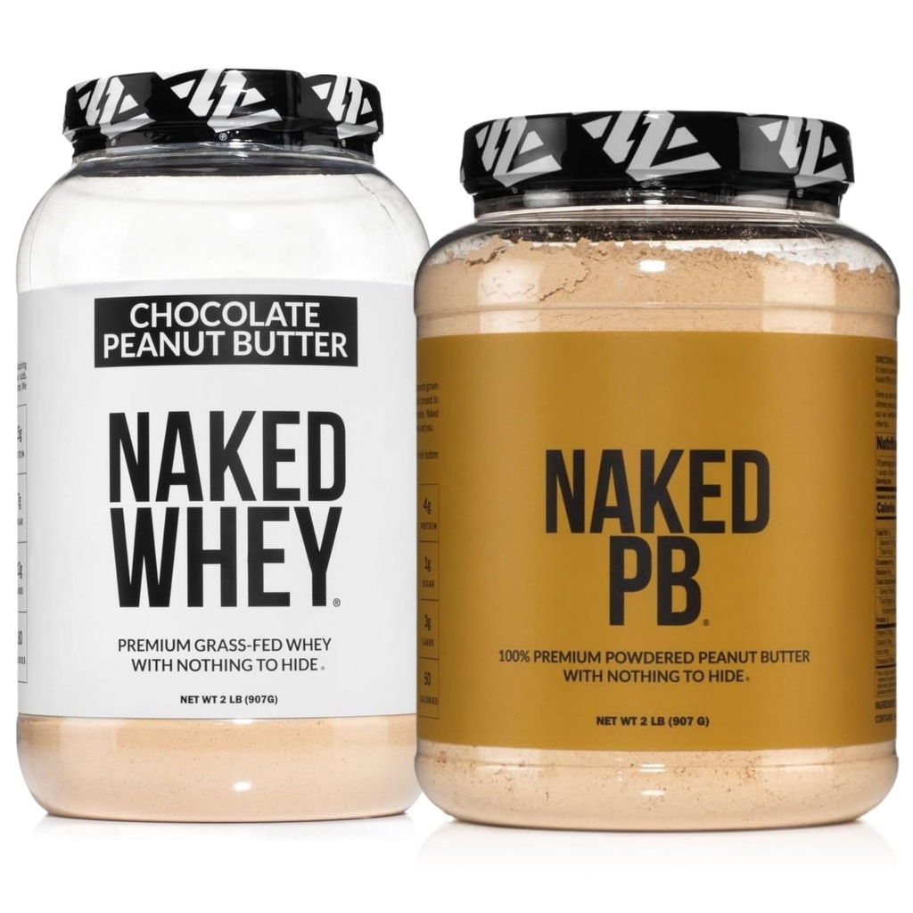 NAKED Whey Chocolate Peanut Butter Protein Powder (21 Servings) + PB Powdered Peanut Butter 2LB (76 Servings) – Grass-Fed; Bulk; Non-GMO; Gluten Free; Soy Free; Vegan